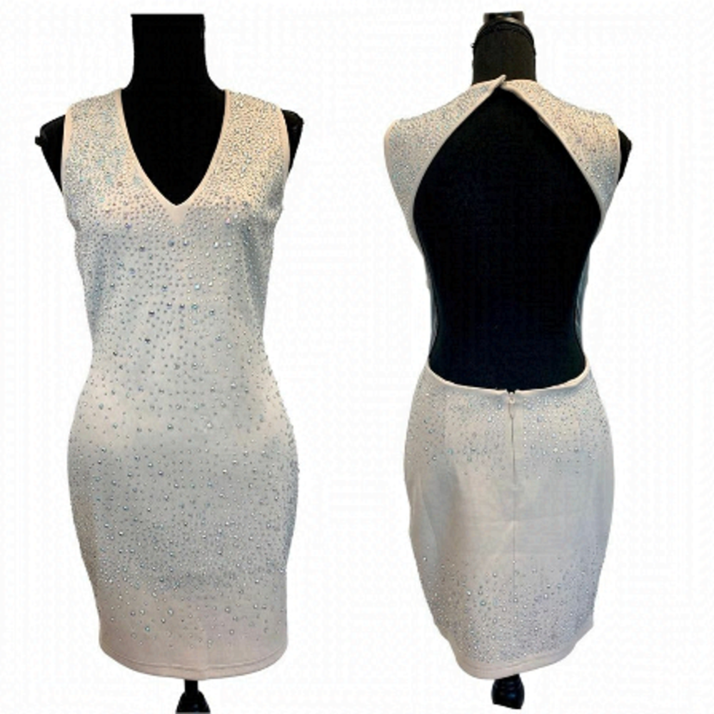 Wow Couture beige sleeveless backless aurora borealis Crystal rhinestone dress M